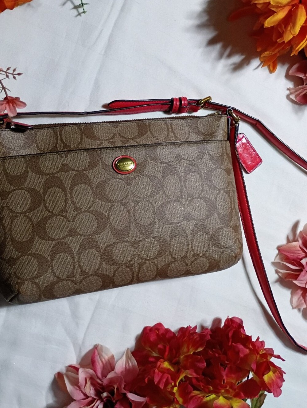 Coach Signature Crossbody Bag in Brown with Pink Trim